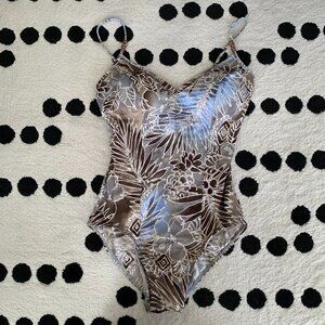 Vintage Tropical Print One Piece Swimsuit Women's 12 Beach Resort Vacation Boho